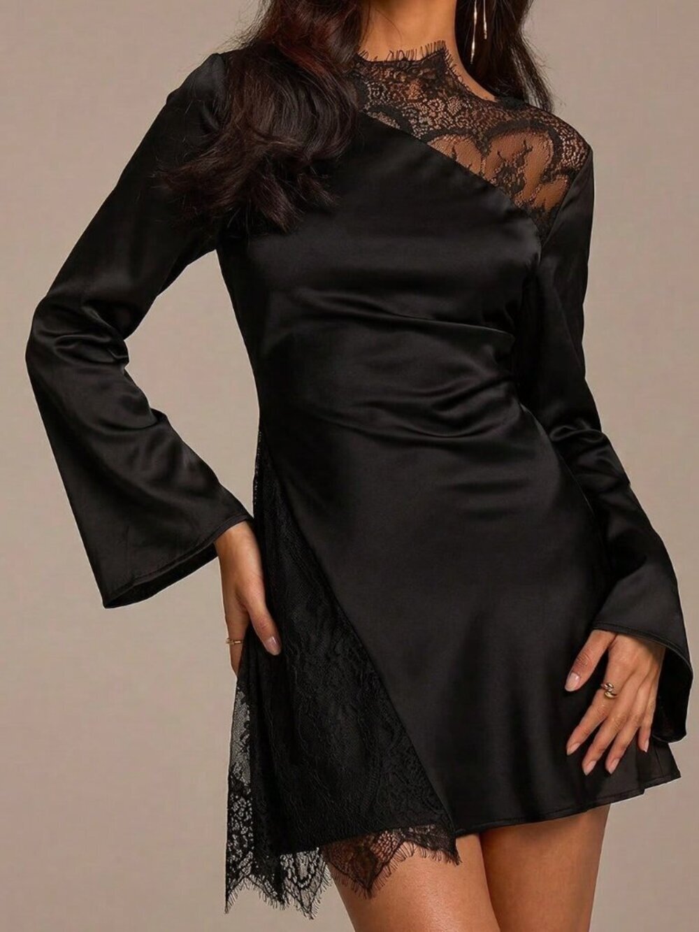 Black Elegant Women's Lace Patchwork Flare Sleeve Mini Dress